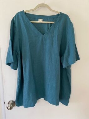 Linenbee Linen Tee Teal V-Neck Short Sleeve Linen Top
